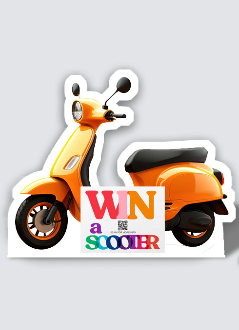 Scooter Shape Cutout Standees - Printed in Australia, comes with a strut
