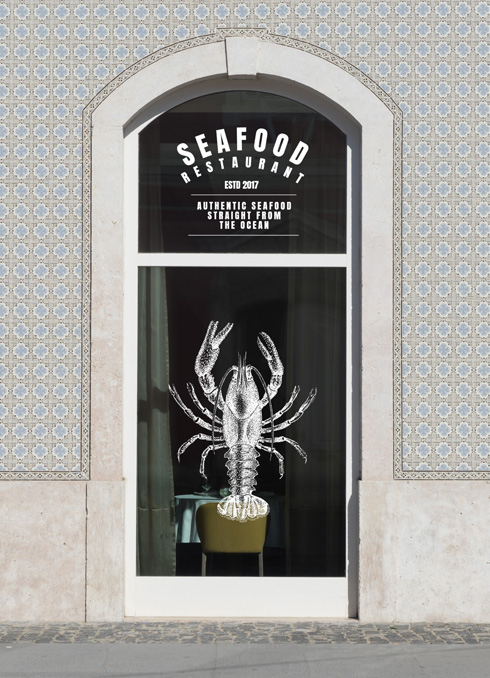 Window Decals on a seafood restaurant. Vinyl Cut Letters